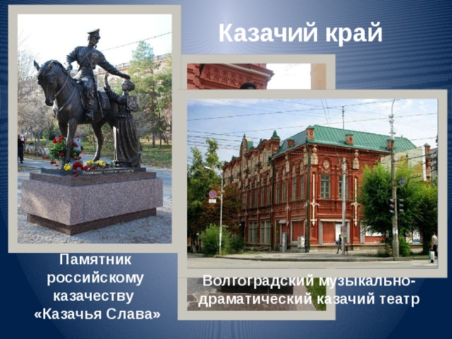 Казачий край Памятник Константина Ивановича Недорубова Памятник российскому казачеству  «Казачья Слава» Волгоградский музыкально- драматический казачий театр 