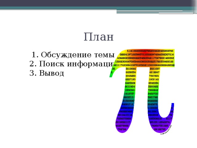 План  1. Обсуждение темы  2. Поиск информации  3. Вывод 