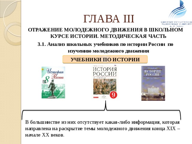 ГЛАВА III ОТРАЖЕНИЕ МОЛОДЕЖНОГО ДВИЖЕНИЯ В ШКОЛЬНОМ КУРСЕ ИСТОРИИ. МЕТОДИЧЕСКАЯ ЧАСТЬ 3.1. Анализ школьных учебников по истории России по изучению молодежного движения УЧЕБНИКИ ПО ИСТОРИИ В большинстве из них отсутствует какая-либо информация, которая направлена на раскрытие темы молодежного движения конца XIX – начале XX веков. 