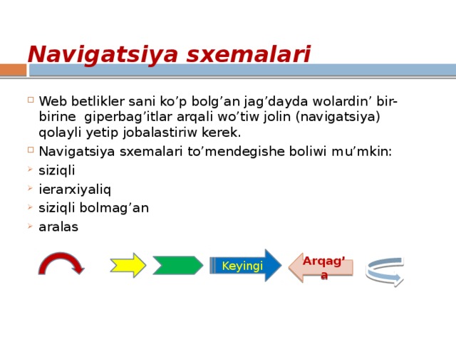 Navigatsiya sxemalari Web betlikler sani ko’p bolg’an jag’dayda wolardin’ bir-birine giperbag’itlar arqali wo’tiw jolin (navigatsiya) qolayli yetip jobalastiriw kerek. Navigatsiya sxemalari to’mendegishe boliwi mu’mkin: siziqli ierarxiyaliq siziqli bolmag’an aralas Keyingi Arqag’a 