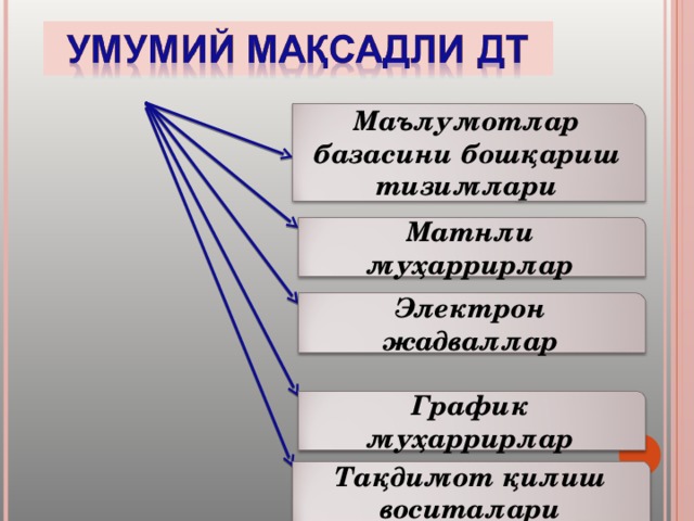 Маълумотлар базасини бошқариш тизимлари Матнли муҳаррирлар Электрон жадваллар График муҳаррирлар Тақдимот қилиш воситалари 