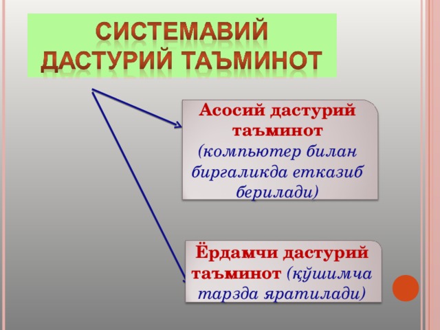 Асосий дастурий таъминот (компьютер билан биргаликда етказиб берилади) Ёрдамчи дастурий таъминот (қўшимча тарзда яратилади) 