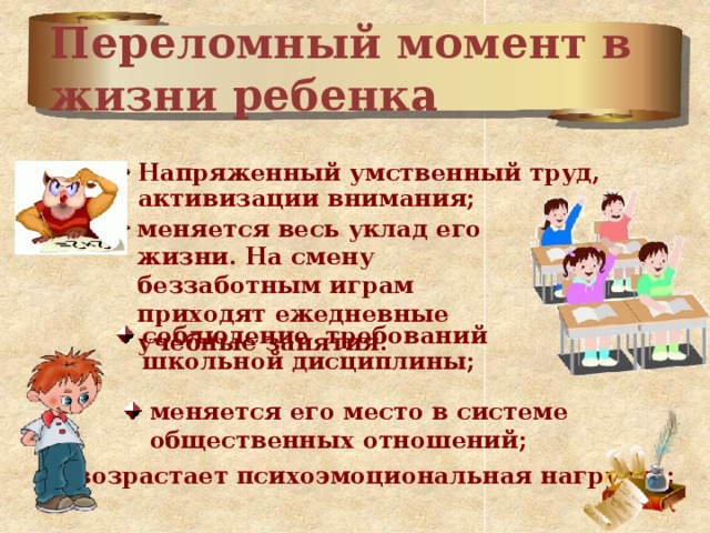 Переломный момент в жизни ребенка Напряженный умственный труд, активизации внимания;  меняется весь уклад его жизни. На смену беззаботным играм приходят ежедневные учебные занятия. соблюдение требований школьной дисциплины; меняется его место в системе общественных отношений; возрастает психоэмоциональная нагрузка; 