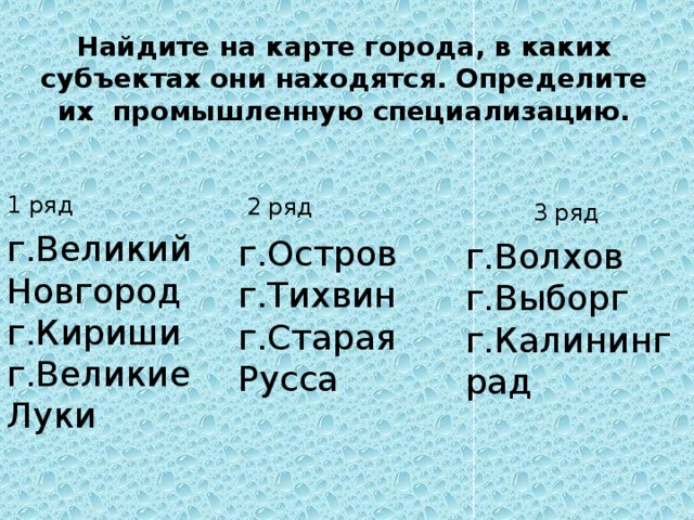 Найдите на карте города, в каких субъектах они находятся. Определите их промышленную специализацию. 1 ряд 2 ряд 3 ряд г.Великий Новгород  г.Кириши  г.Великие Луки г.Остров  г.Тихвин  г.Старая Русса г.Волхов  г.Выборг  г.Калининград 