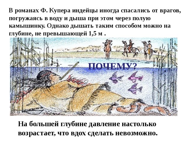 В романах Ф. Купера индейцы иногда спасались от врагов, погружаясь в воду и дыша при этом через полую камышинку. Однако дышать таким способом можно на глубине, не превышающей 1,5 м . ПОЧЕМУ? На большей глубине давление настолько возрастает, что вдох сделать невозможно. 
