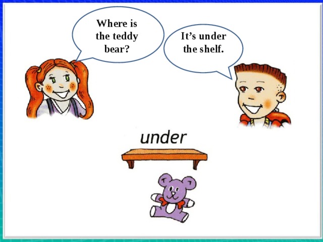 Where is the teddy bear? It’s under the shelf. 