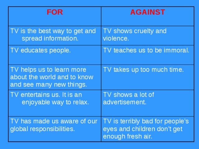 FOR AGAINST TV is the best way to get and spread information. TV shows cruelty and violence. TV educates people. TV teaches us to be immoral. TV helps us to learn more about the world and to know and see many new things. TV takes up too much time. TV entertains us. It is an enjoyable way to relax. TV shows a lot of advertisement. TV has made us aware of our global responsibilities. TV is terribly bad for people’s eyes and children don’t get enough fresh air. 