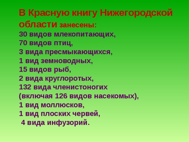 В Красную книгу Нижегородской области занесены: 30 видов млекопитающих, 70 видов птиц, 3 вида пресмыкающихся, 1 вид земноводных, 15 видов рыб, 2 вида круглоротых, 132 вида членистоногих (включая 126 видов насекомых), 1 вид моллюсков, 1 вид плоских червей,  4 вида инфузорий. 