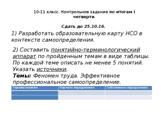 10-11 класс. Контрольное задание по итогам I четверти . Сдать до 25.10.16.  1) Разработать образовательную карту НСО в контексте самоопределения.  2) Составить понятийно-терминологический аппарат по пройденным темам в виде таблицы. По каждой теме описать не менее 5 понятий. Указать источники . Темы: Феномен труда. Эффективное профессиональное самоопределение. Термин/понятие   Научное определение     Собственное определение       