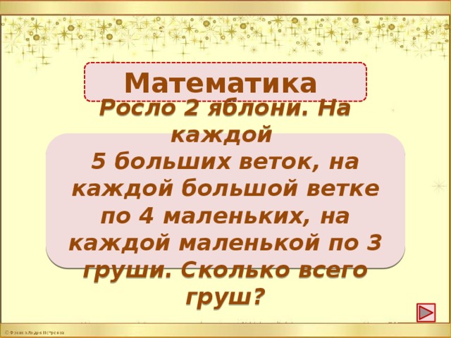 Математика Ни одной, так как на яблони груши не растут -1б. Росло 2 яблони. На каждой 5 больших веток, на каждой большой ветке по 4 маленьких, на каждой маленькой по 3 груши. Сколько всего груш?