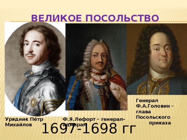 Великое посольство Генерал Ф.А.Головин – глава Посольского  приказа Урядник Пётр Михайлов Ф.Я.Лефорт – генерал-адмирал 1697-1698 гг 