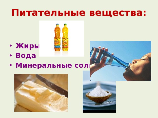Питательные вещества: Жиры Вода Минеральные соли 