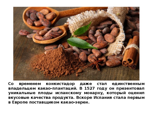Со временем конкистадор даже стал единственным владельцем какао-плантаций. В 1527 году он презентовал уникальные плоды испанскому монарху, который оценил вкусовые качества продукта. Вскоре Испания стала первым в Европе поставщиком какао-зерен. 