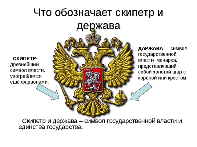Что обозначает скипетр и держава ДАРЖАВА  СКИПЕТР-  Скипетр и держава – символ государственной власти и единства государства. 