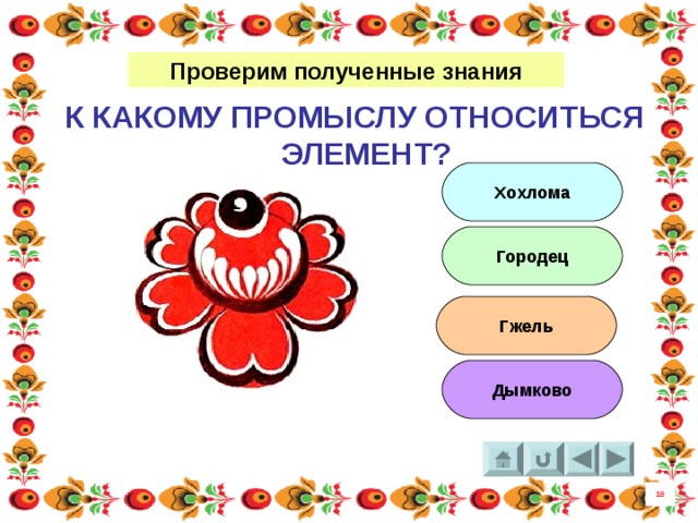 Проверим полученные знания К КАКОМУ ПРОМЫСЛУ ОТНОСИТЬСЯ ЭЛЕМЕНТ? Хохлома Городец Гжель Дымково 18 8 