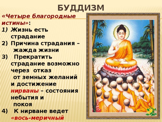 БУДДИЗМ « Четыре благородные истины» : Ж изнь есть страдание Причина страдания –  жажда жизни 3) Прекратить страдание возможно через отказ  от земных желаний и достижение нирваны – состояния небытия и  покоя 4) К нирване ведет «вось-меричный благородный путь» , состоящий в следовании этическим нормам 