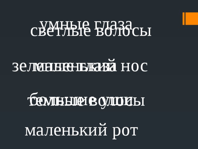 умные глаза светлые волосы маленький нос зеленые глаза большие уши темные волосы маленький рот 