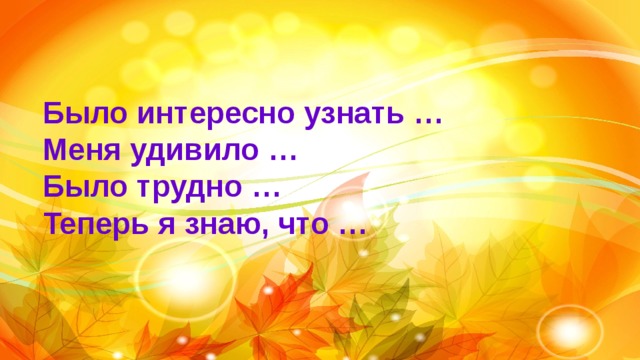 Было интересно узнать …  Меня удивило … Было трудно … Теперь я знаю, что … 