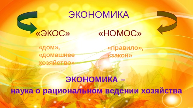 ЭКОНОМИКА «ЭКОС» «НОМОС» «дом», «домашнее хозяйство» «правило», «закон» ЭКОНОМИКА – наука о рациональном ведении хозяйства  