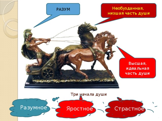 Необузданная, РАЗУМ низшая часть души Высшая, идеальная часть души Три начала души Разумное Яростное Страстное 