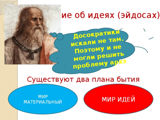 Досократики искали не там. Поэтому и не могли решить проблему архэ Учение об идеях (эйдосах) Существуют два плана бытия МИР МАТЕРИАЛЬНЫЙ МИР ИДЕЙ 