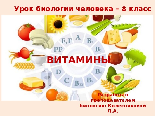 Урок биологии человека – 8 класс ВИТАМИНЫ Разработан преподавателем биологии: Колесниковой Л.А. 