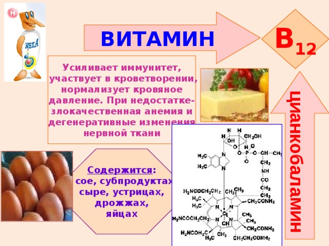 цианкобаламин B 12 ВИТАМИН    Усиливает иммунитет,  участвует в кроветворении, нормализует кровяное давление. При недостатке- злокачественная анемия и дегенеративные изменения нервной ткани   Содержится : в сое, субпродуктах, сыре, устрицах,  дрожжах, яйцах 