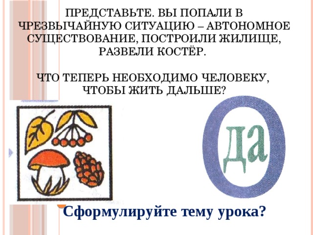 Представьте. Вы попали в чрезвычайную ситуацию – автономное существование, построили жилище, развели костёр.   Что теперь необходимо человеку,  чтобы жить дальше?  Сформулируйте тему урока? 