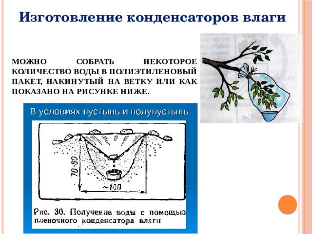 Изготовление конденсаторов влаги Можно собрать некоторое количество воды в полиэтиленовый пакет, накинутый на ветку или как показано на рисунке ниже. 