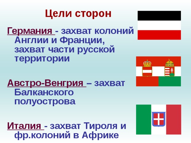 Цели сторон  Германия  - захват колоний Англии и Франции,  захват части русской территории  Австро-Венгрия  – захват  Балканского полуострова  Италия  -  захват Тироля и фр.колоний в Африке 