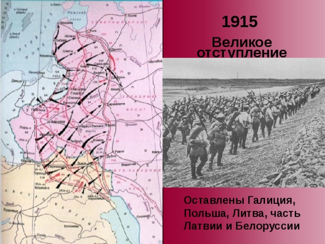 1915 Великое отступление Оставлены Галиция, Польша, Литва, часть Латвии и Белоруссии 