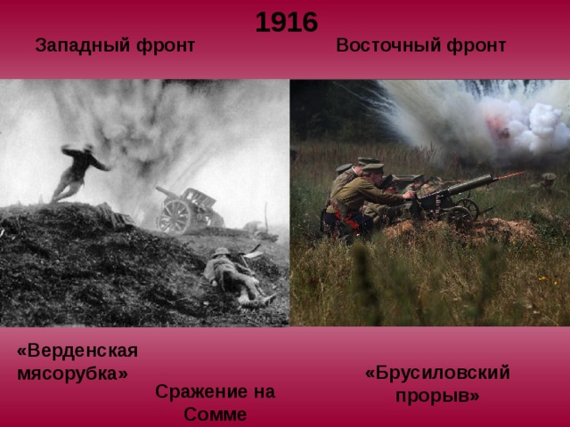 1916 Западный фронт Восточный фронт «Верденская мясорубка» «Брусиловский прорыв» Сражение на Сомме 