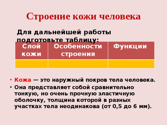 Строение кожи человека Для дальнейшей работы подготовьте таблицу: Слой кожи Особенности строения Функции Кожа — это наружный покров тела человека. Она представляет собой сравнительно тонкую, но очень прочную эластичную оболочку, толщина которой в разных участках тела неодинакова (от 0,5 до 6 мм).  