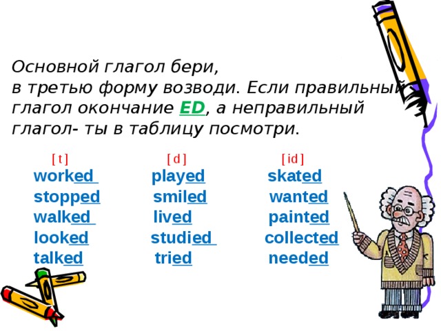  Основной глагол бери , в третью форму возводи.  Если правильный глагол  окончание ED ,  а неправильный глагол- ты в таблицу посмотри.  [ t ] [ d ] [ id ] work ed play ed skat ed stopp ed smil ed want ed walk ed liv ed paint ed look ed studi ed collect ed talk ed tri ed need ed 