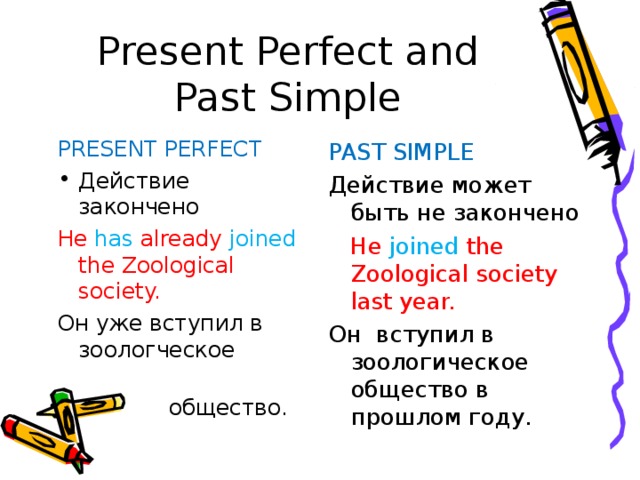 Present Perfect and Past Simple PRESENT PERFECT Действие закончено He has already joined the Zoological society. Он уже вступил в зоологческое   общество. PAST SIMPLE Действие может быть не закончено  He joined the Zoological society last year. Он вступил в зоологическое общество в прошлом году. 