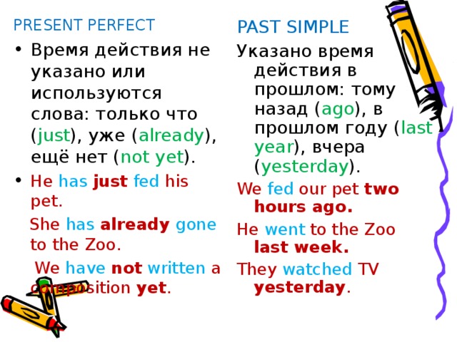 PRESENT PERFECT PAST SIMPLE Время действия не указано или используются слова: только что ( just ) , уже ( already ) , ещё нет ( not yet ).  He has  just  fed his pet. Указано время действия в прошлом: тому назад ( ago ) , в прошлом году ( last year ) , вчера ( yesterday ).  She has  already gone to the Zoo.  We have  not  written a composition yet . We fed our pet two hours ago. He went to the Zoo last week. They watched TV yesterday . 