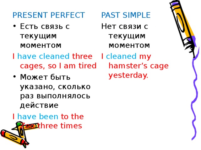 PAST SIMPLE PRESENT PERFECT Есть связь с текущим моментом Нет связи с текущим моментом I have cleaned three cages, so I am tired I cleaned my hamster’s cage yesterday. Может быть указано, сколько раз выполнялось действие I have been to the Zoo three times 