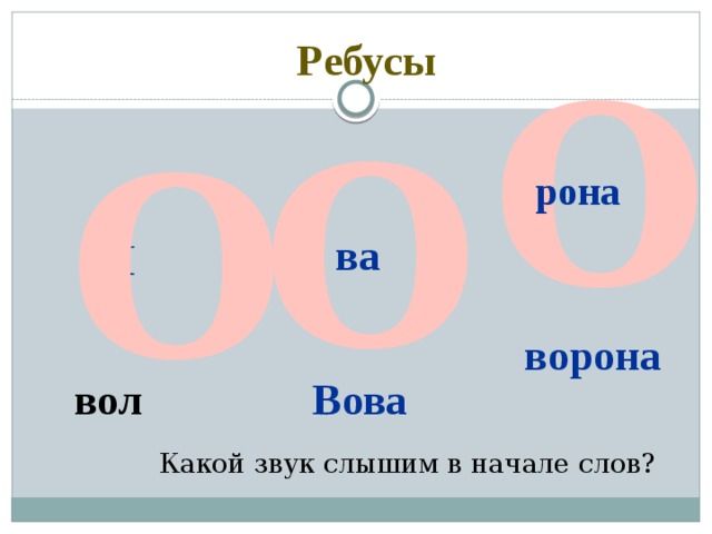 Ребусы О О О рона ва Л ворона вол Вова Какой звук слышим в начале слов? 