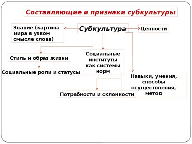 Составляющие и признаки субкультуры Знание (картина мира в узком смысле слова) Субкультура Ценности Социальные институты как системы норм Стиль и образ жизни Социальные роли и статусы Навыки, умения, способы осуществления, метод Потребности и склонности 