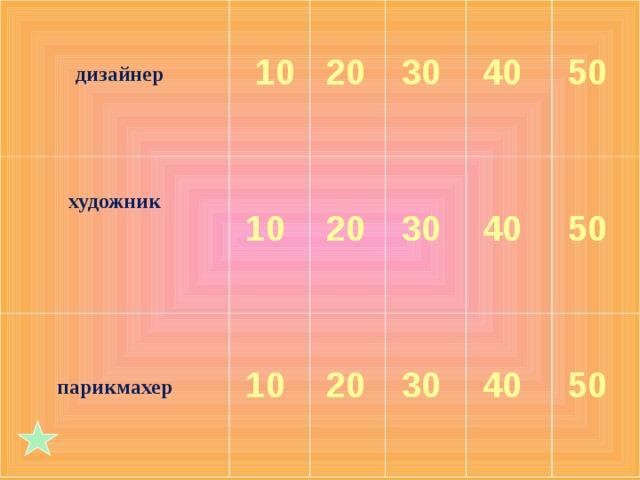  дизайнер  художник    10   20   10   парикмахер   10   30   20   40   30   20   30   40   50   50   40   50 
