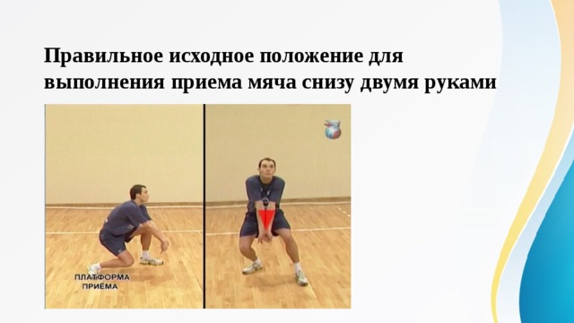 Правильное исходное положение для выполнения приема мяча снизу двумя руками   