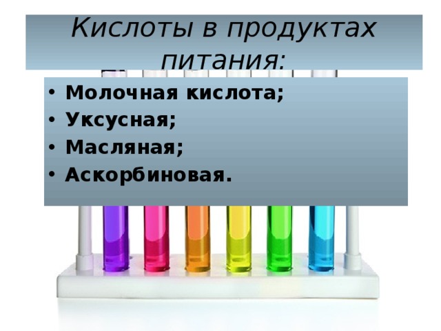 Кислоты в продуктах питания: Молочная кислота; Уксусная; Масляная; Аскорбиновая. 