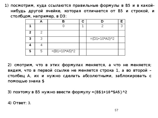 посмотрим, куда ссылаются правильные формулы в B5 и в какой-нибудь другой ячейке, которая отличается от B5 и строкой, и столбцом, например, в D3:   1 А 2 В 3 0 2 С D 3 1 4 Е 2 5 4 3 5 =(D1+10*A3)^2 =(B1+10*A5)^2 2) смотрим, что в этих формулах меняется, а что не меняется; видим, что в первой ссылке не меняется строка 1, а во второй – столбец А, их и нужно сделать абсолютными, заблокировать с помощью знака $ 3) поэтому в B5 нужно ввести формулу =(B$1+10*$A5)^2 4) Ответ: 3.  