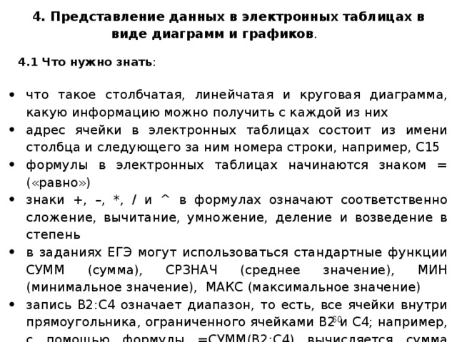 4. Представление данных в электронных таблицах в виде диаграмм и графиков . 4.1 Что нужно знать : что такое столбчатая, линейчатая и круговая диаграмма, какую информацию можно получить с каждой из них адрес ячейки в электронных таблицах состоит из имени столбца и следующего за ним номера строки, например, C15 формулы в электронных таблицах начинаются знаком = («равно») знаки +, –, *, / и ^ в формулах означают соответственно сложение, вычитание, умножение, деление и возведение в степень в заданиях ЕГЭ могут использоваться стандартные функции СУММ (сумма), СРЗНАЧ (среднее значение), МИН (минимальное значение), МАКС (максимальное значение) запись B2:C4 означает диапазон, то есть, все ячейки внутри прямоугольника, ограниченного ячейками B2 и C4; например, с помощью формулы =СУММ(B2:C4) вычисляется сумма значений ячеек B2, B3, B4, C2, C3 и C4  