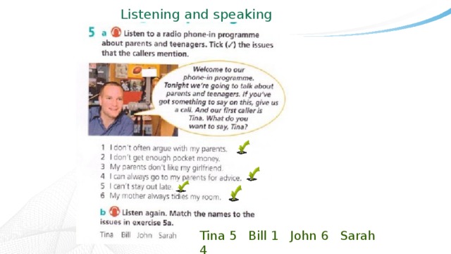 Listening and speaking Tina 5 Bill 1 John 6 Sarah 4 