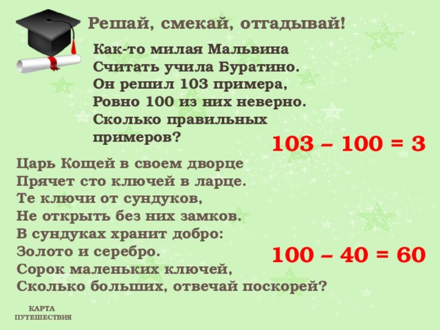 Решай, смекай, отгадывай! Как-то милая Мальвина  Считать учила Буратино.  Он решил 103 примера,  Ровно 100 из них неверно.  Сколько правильных примеров?  103 – 100 = 3 Царь Кощей в своем дворце  Прячет сто ключей в ларце.  Те ключи от сундуков,  Не открыть без них замков.  В сундуках хранит добро:  Золото и серебро.  Сорок маленьких ключей,  Сколько больших, отвечай поскорей?  100 – 40 = 60 КАРТА ПУТЕШЕСТВИЯ 