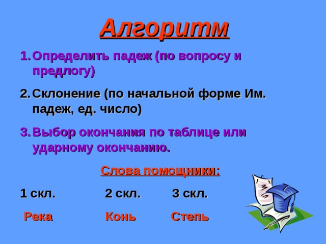  Алгоритм Определить падеж (по вопросу и предлогу) Склонение (по начальной форме Им. падеж, ед. число) Выбор окончания по таблице или ударному окончанию. Слова помощники:  1 скл. 2 скл. 3 скл.  Река Конь Степь  