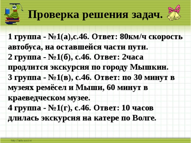 Проверка решения задач. 1 группа - №1(а),с.46. Ответ: 80км / ч скорость автобуса, на оставшейся части пути. 2 группа - №1(б), с.46. Ответ: 2часа продлится экскурсия по городу Мышкин. 3 группа - №1(в), с.46. Ответ: по 30 минут в музеях ремёсел и Мыши, 60 минут в краеведческом музее. 4 группа - №1(г), с.46. Ответ: 10 часов длилась экскурсия на катере по Волге. 