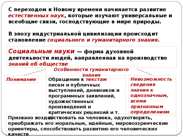 С переходом к Новому времени начинается развитие естественных наук , которые изучают универсальные и всеобщие связи, господствующие в мире природы.  В эпоху индустриальной цивилизации происходит становление социального и гуманитарного знания. Социальные науки — форма духовной деятельности людей, направленная на производство знаний об обществе Особенности гуманитарного знания Невозможность сведения знания к однозначным, всеми признанным определениям Понимание Обращение к текстам писем и публичных выступлений, дневников и программных заявлений, художественных произведений и критических рецензий и т. д. Призвано воздействовать на человека, одухотворять, преображать его моральные, идейные, мировоззренческие ориентиры, способствовать развитию его человеческих качеств 