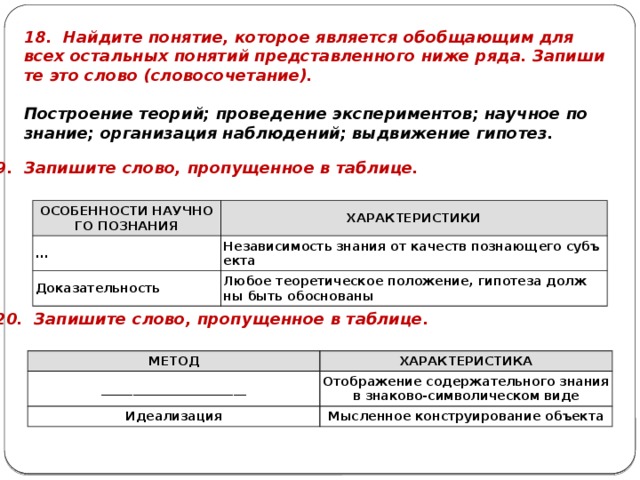 18. Най­ди­те по­ня­тие, ко­то­рое яв­ля­ет­ся обоб­ща­ю­щим для всех осталь­ных по­ня­тий пред­став­лен­но­го ниже ряда. За­пи­ши­те это слово (сло­во­со­че­та­ние).   По­стро­е­ние тео­рий; про­ве­де­ние экс­пе­ри­мен­тов; на­уч­ное по­зна­ние; ор­га­ни­за­ция на­блю­де­ний; вы­дви­же­ние ги­по­тез. 19. За­пи­ши­те слово, про­пу­щен­ное в таб­ли­це. ОСО­БЕН­НО­СТИ НА­УЧ­НО­ГО ПО­ЗНА­НИЯ ХА­РАК­ТЕ­РИ­СТИ­КИ ... Не­за­ви­си­мость зна­ния от ка­честв по­зна­ю­ще­го субъ­ек­та До­ка­за­тель­ность Любое тео­ре­ти­че­ское по­ло­же­ние, ги­по­те­за долж­ны быть обос­но­ван­ы 20. За­пи­ши­те слово, про­пу­щен­ное в таб­ли­це. МЕТОД _______________________ ХА­РАК­ТЕ­РИ­СТИ­КА Иде­а­ли­за­ция Отоб­ра­же­ние со­дер­жа­тель­но­го зна­ния в зна­ко­во-сим­во­ли­че­ском виде Мыс­лен­ное кон­стру­и­ро­ва­ние объ­ек­та 